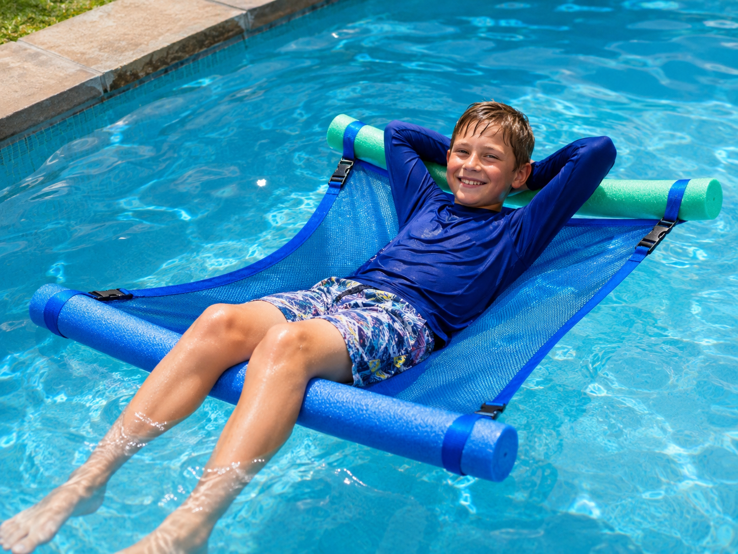 People floating on a raft made from foam pool noodles