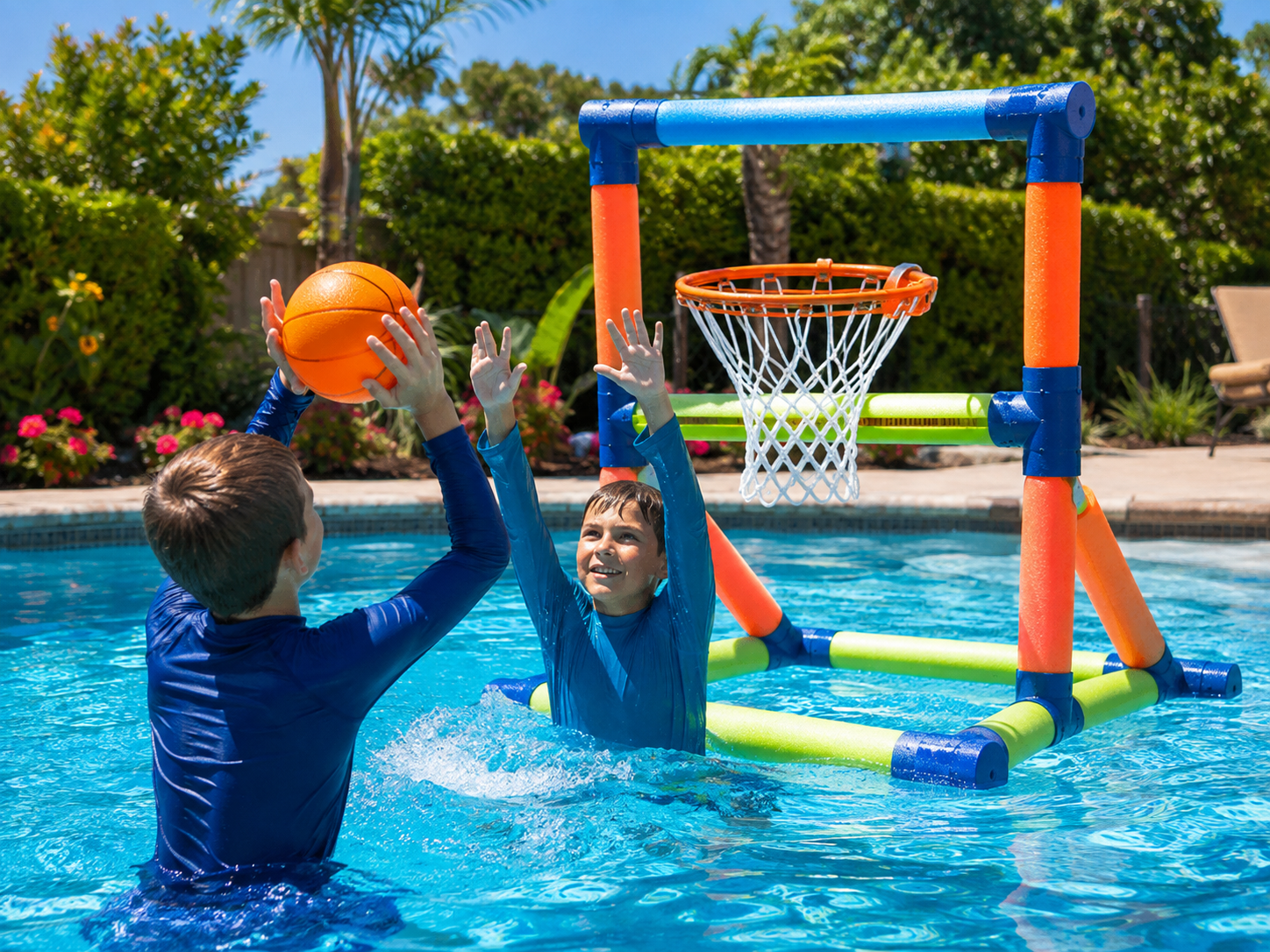 Kids playing a hoop game in a pool with foam noodles