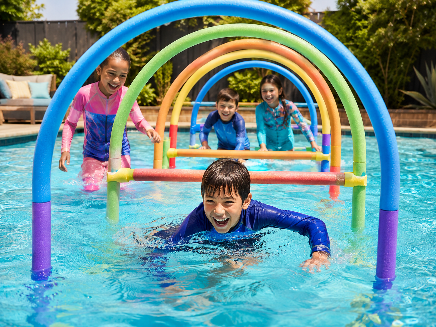 Group of friends and kids playing in a pool with foam noodles