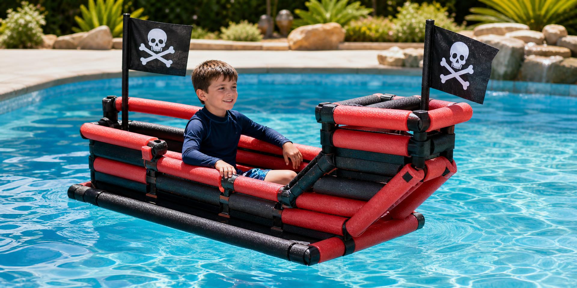 A young boy sitting in a pirate ship built from red and black foam pool noodles floating in a sunny pool